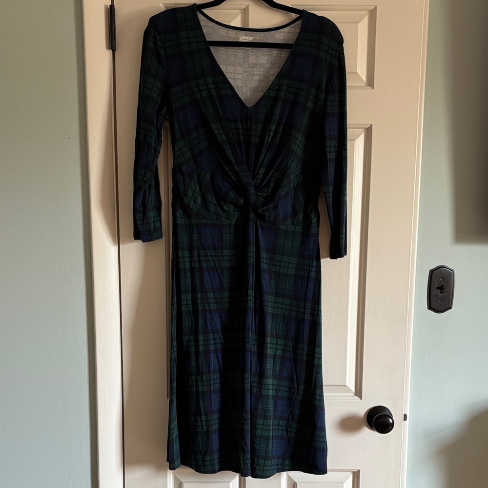 Lands' End Green and Navy Plaid Twist-Front Midi Dress
